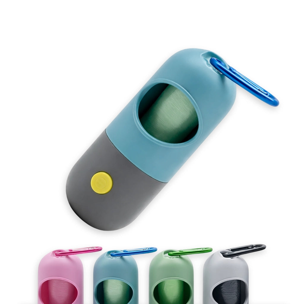 Dispenser sacchetti cane celeste con luce LED e aggancio sicuro