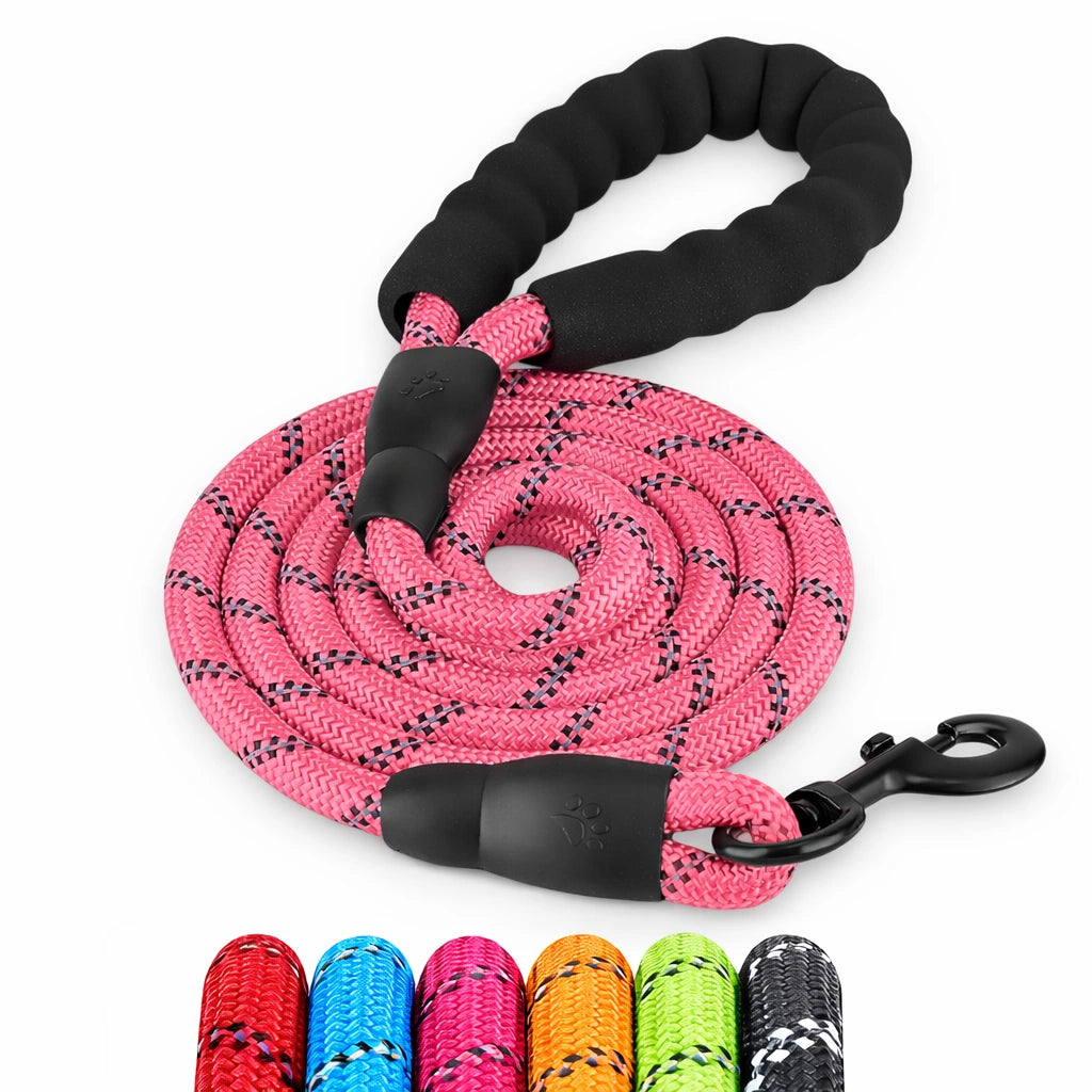 Guinzaglio retroriflettente rosa per cane con moschettone anti groviglio
