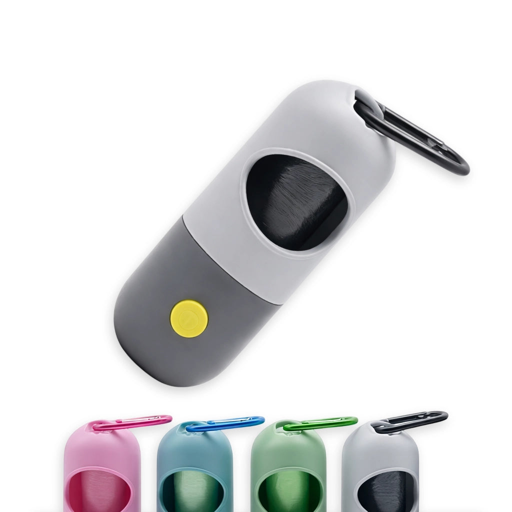 Portabustine cane grigio con torcia LED integrata e moschettone resistente