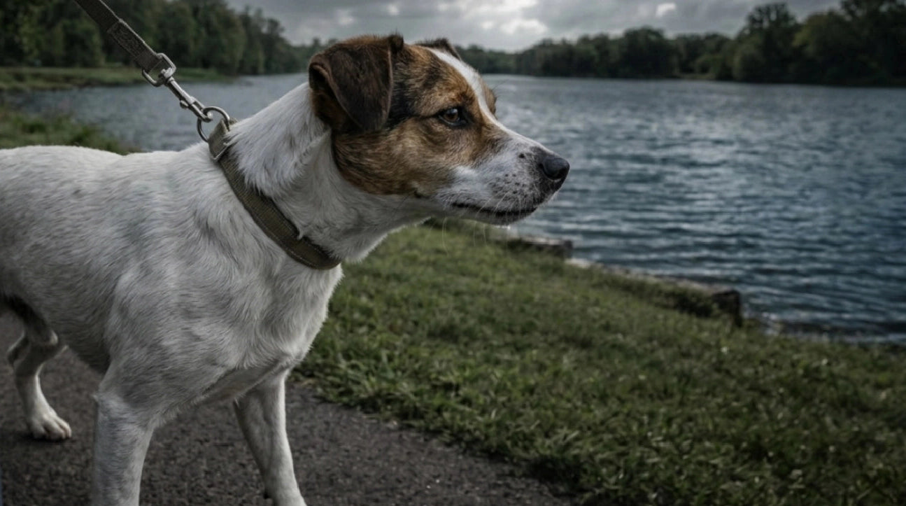 Cane con collare che tira al guinzaglio mostrando il problema della trazione