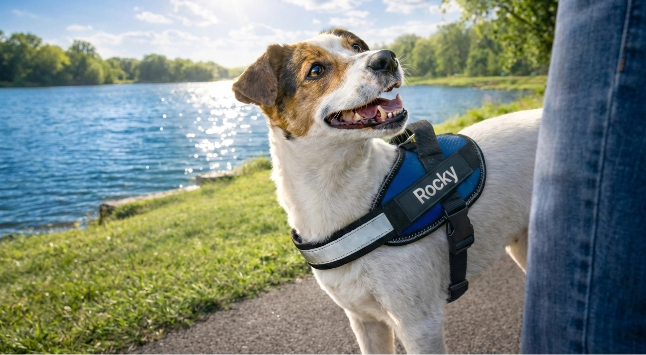 Cane con pettorina BauUniverso durante una passeggiata serena senza tirare