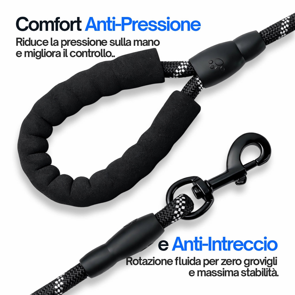 Guinzaglio retroriflettente per cane con sistema elastico anti strattonamento e impugnatura imbottita