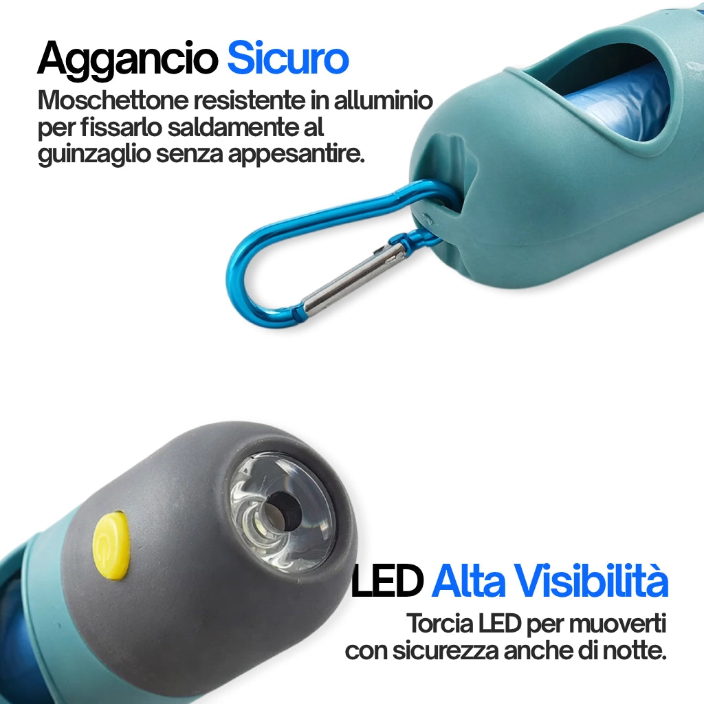 Moschettone in alluminio su portabustine cane luminoso resistente e leggero