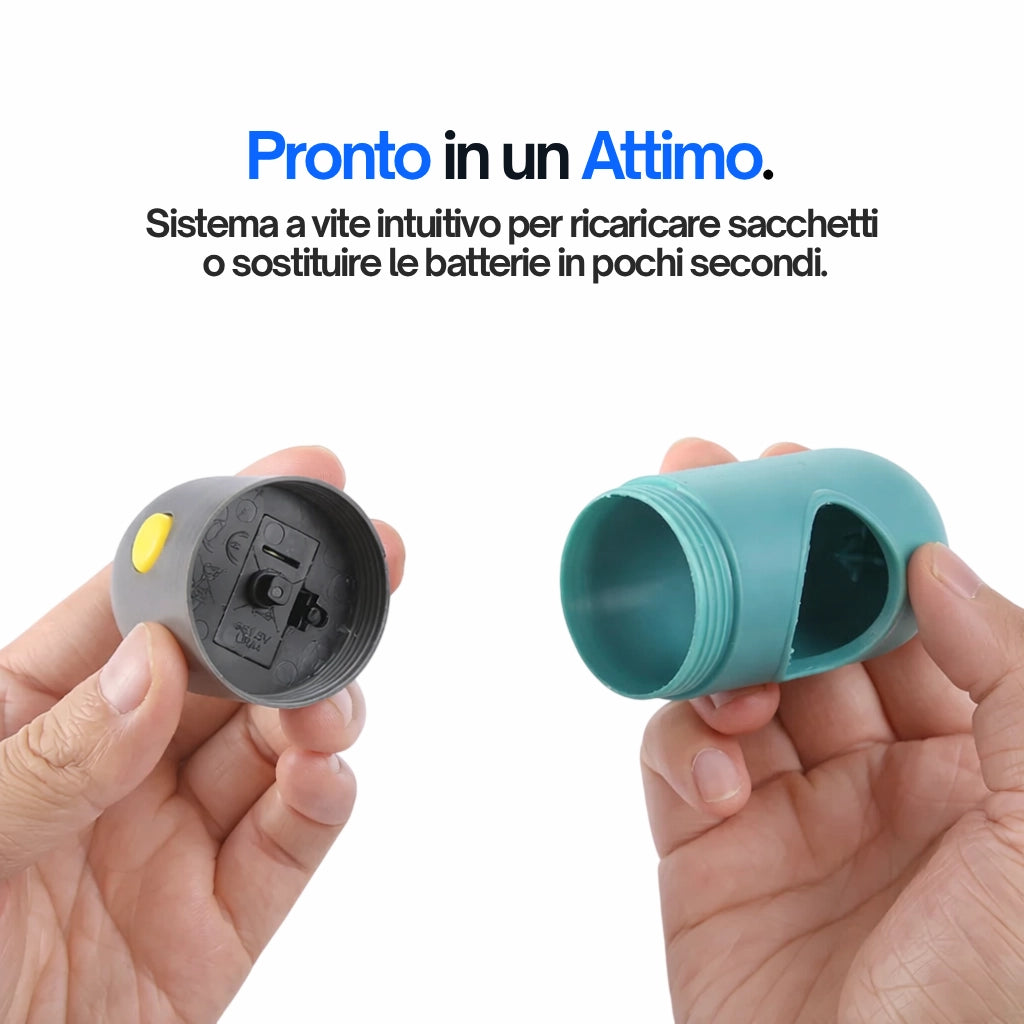 Sistema a vite per ricarica facile bustine e batterie su portabustine cane LED