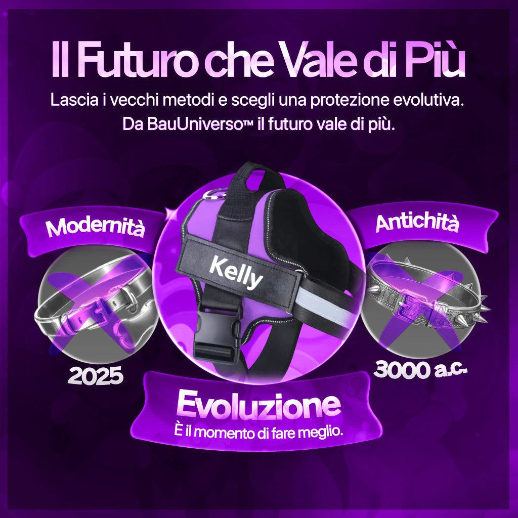 Confronto tra collare tradizionale e pettorina personalizzata BauUniverso come evoluzione della protezione