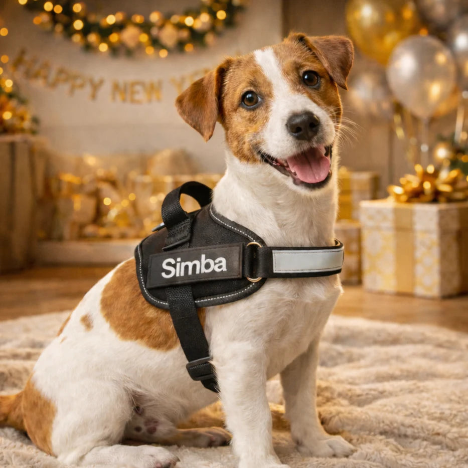 Cane con pettorina personalizzata BauUniverso seduto in casa durante il capodanno