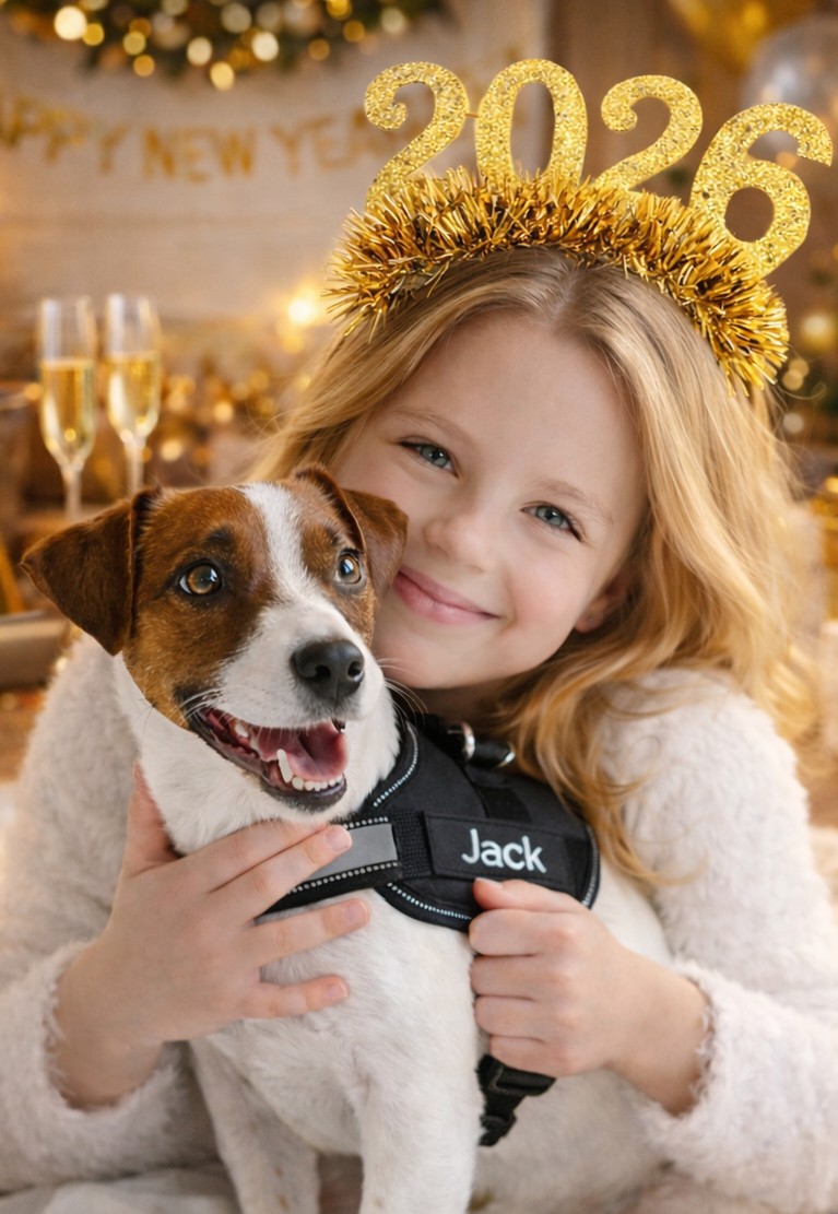 Bambina che abbraccia il suo cane con pettorina personalizzata BauUniverso per iniziare il nuovo anno in sicurezza