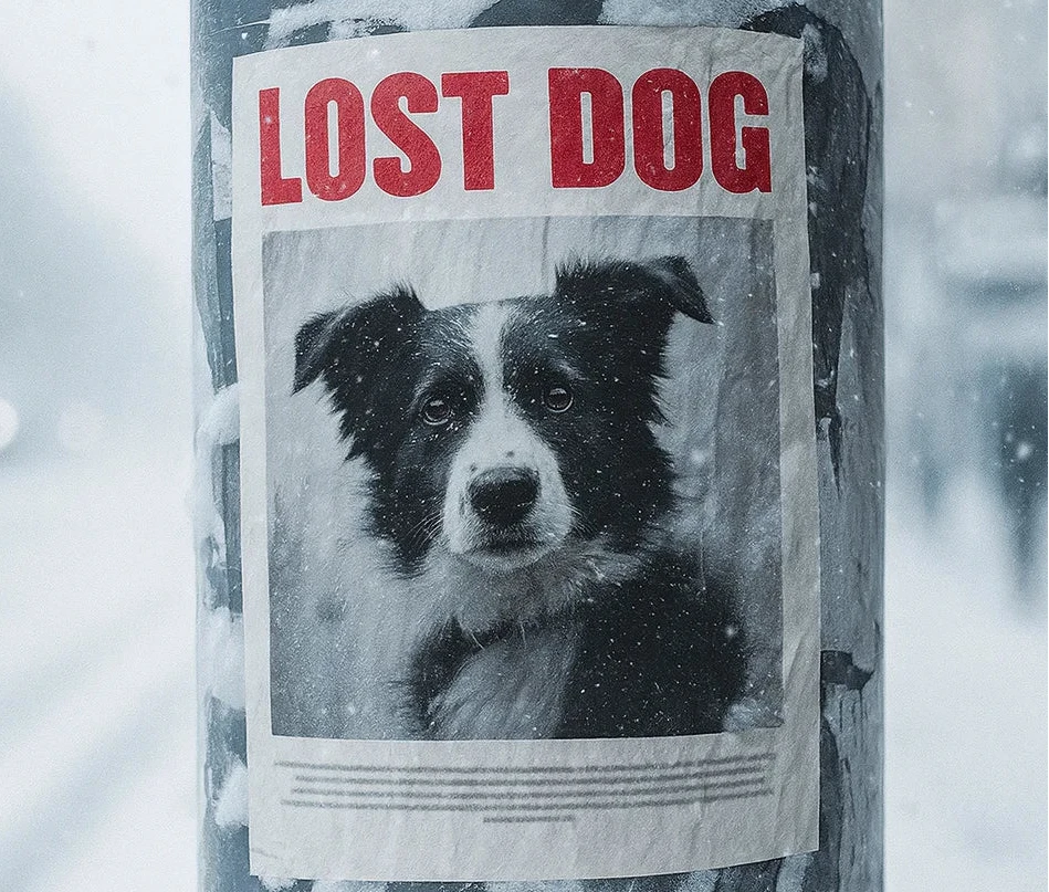 Manifesto di cane smarrito che rappresenta il rischio di perdita senza identificazione sicura