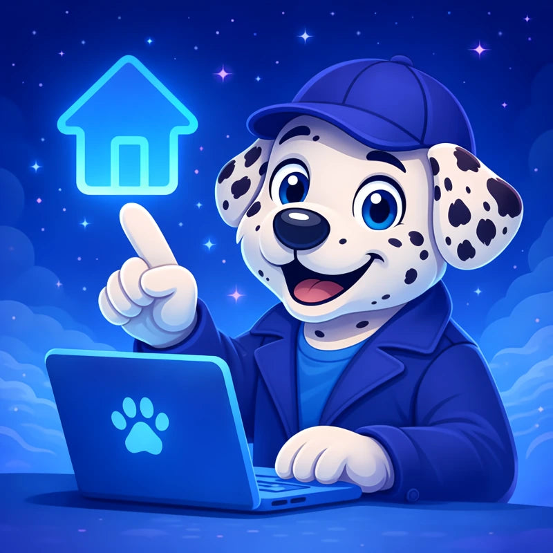 Cane dalmata BauUniverso davanti a un computer che indica la home page dopo un errore di navigazione