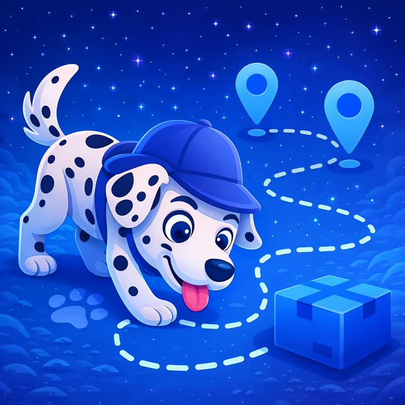 Illustrazione di cane dalmata che segue il percorso di consegna per tracciare un ordine BauUniverso