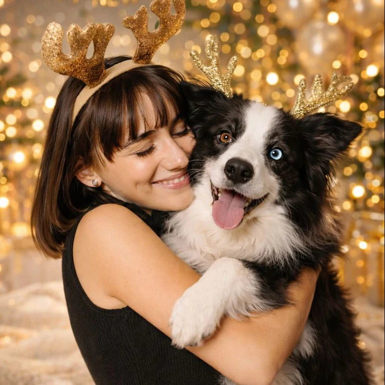 Donna che abbraccia il suo cane con pettorina BauUniverso simbolo di sicurezza e fiducia