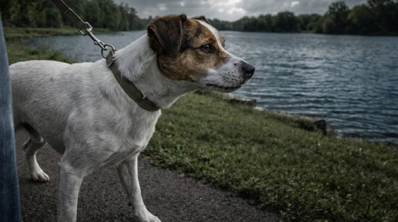 Cane con collare che tira al guinzaglio mostrando il problema della trazione